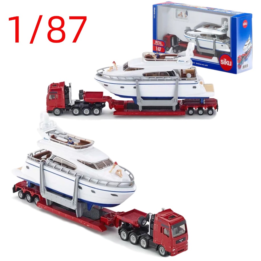 Model Kit Yacht - รถบรรทุกจำลองโลหะผสม ขนาด 1/87 สำหรับขนส่งหนัก พร้อมรถลากเรือยอชท์ ของเล่นสะสม
