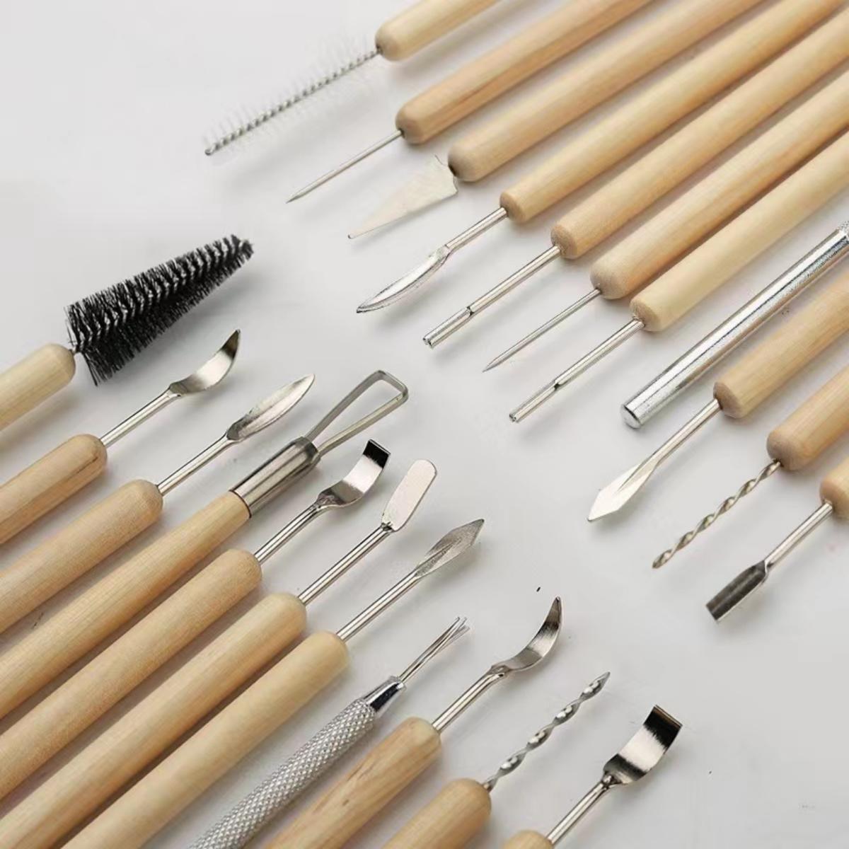 Model Kit Tool Set - ชุดเครื่องมือปั้นดินเผา 1 ชุด ชุดเครื่องมือแกะสลักดินโพลิเมอร์เซรามิกสองด้าน พร้อมด้ามจับไม้เรียบ